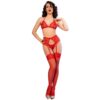 CHILIROSE - CR 4848 SET SUJETADOR + TANGA + MEDIAS DE ENCAJE ROJO M