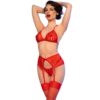 CHILIROSE - CR 4848 SET SUJETADOR + TANGA + MEDIAS DE ENCAJE ROJO M