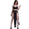 CHILIROSE - CR 4672 TOP NEGRO FALDA Y TANGA CON CADENAS DORADAS M