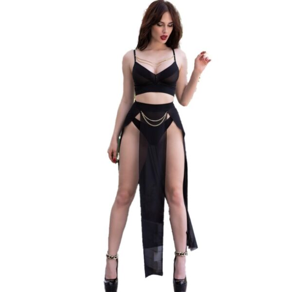 CHILIROSE - CR 4672 TOP NEGRO FALDA Y TANGA CON CADENAS DORADAS M